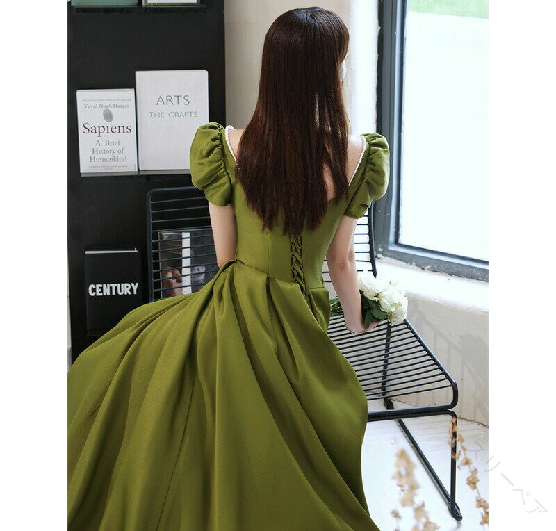 イブニングドレス グリーン サテン ドレス パフスリーブ ロングドレス 発表会ドレス コンサート エレガント パーティードレス 緑 パール おしゃれ 結婚式ドレス 二次会ドレス お呼ばれドレス ロング Aライン XS S M L XL XXL XXXL サイズ豊富