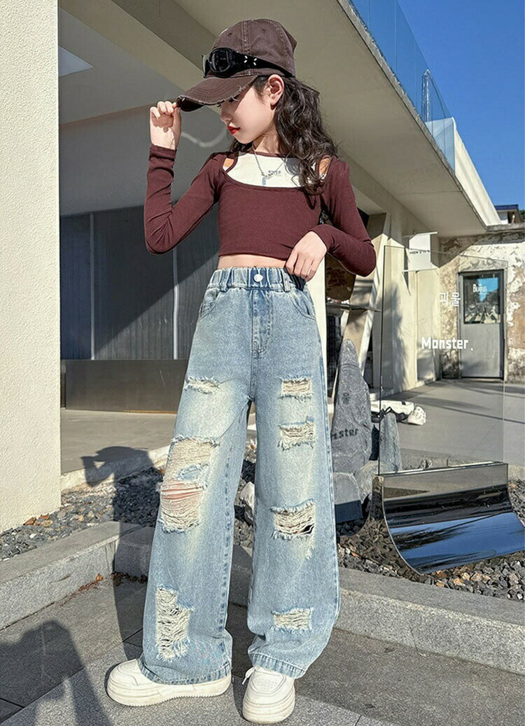 デニム ダメージパンツ キッズダンス衣装 韓国風 ゆったりダンスパンツ ジーンズ 破れ長ズボン ヒップ..