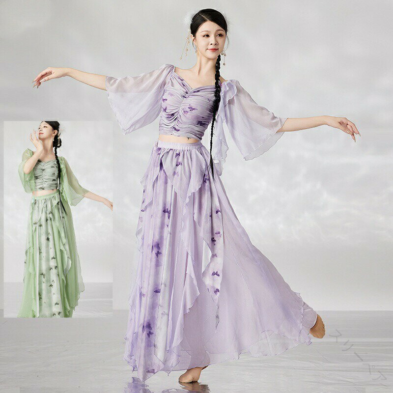 上下セット 古典ダンス服 レディース 蝶柄 バタフライプリント 五分袖 トップス スカート Vネック へそ..