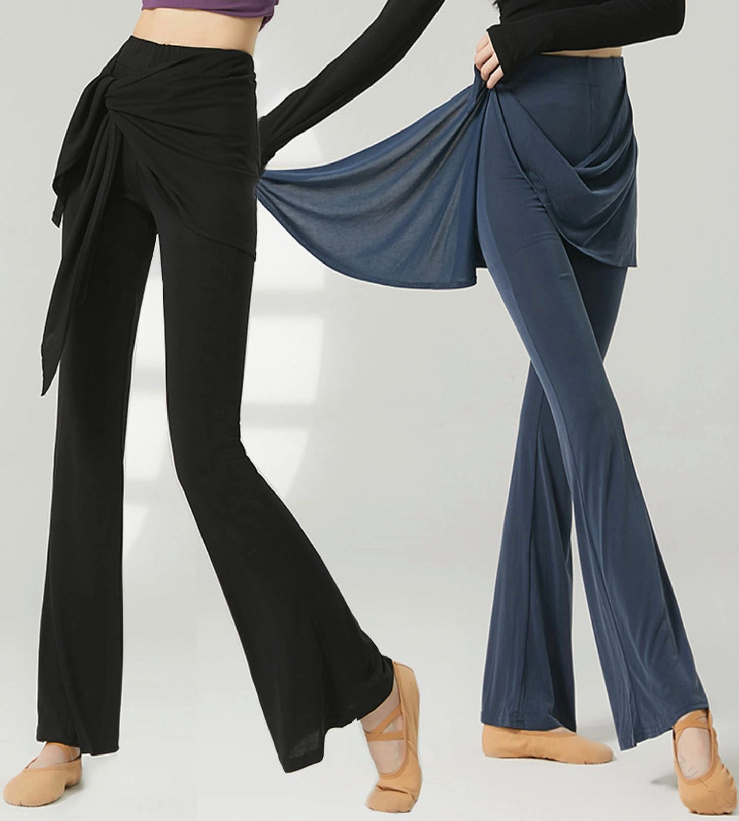 練 パンツ 社交ダンス ラテンダンス ヨガパンツ ストレッチ素材 ヒップスカーフ付き レイヤード着用 ロ..