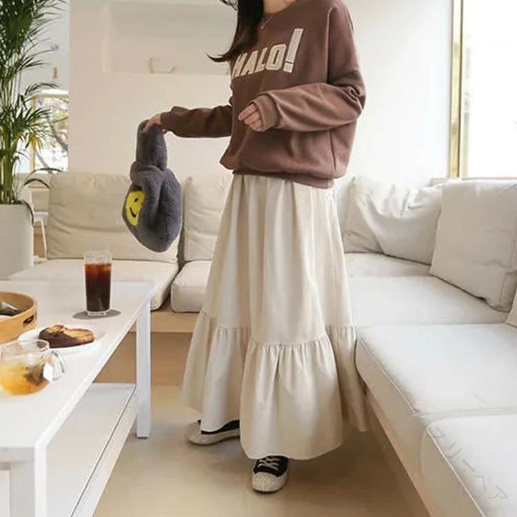 フレアスカート ウエストゴム ボトムス ティアードスカート 切り替え 裾 ロングスカート ギャザー コー..