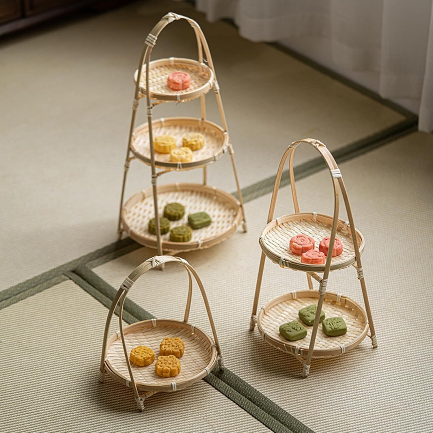 2段 3段 収納ホルダー付き 和風竹製ケーキスタンド 円形 お菓子 フルーツ デザート用ディスプレイ 茶籠..