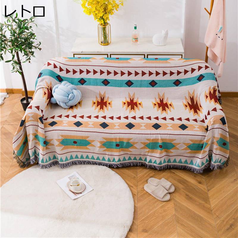 マルチカバー 綿素材 ソファーカバー エスニック幾何模様 カウチ用 ベッドカバー 犬猫対策 傷防止 ブラ..