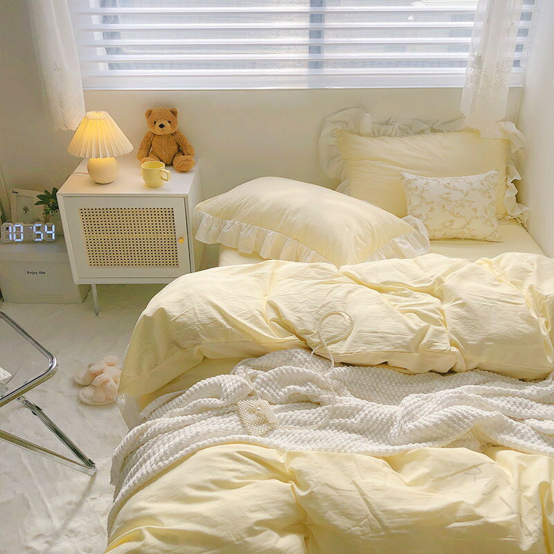 布団カバーセット イエロー フリル 韓国風 無地 オシャレ 可愛い 寝具カバーセット 3点セット 4点セッ..