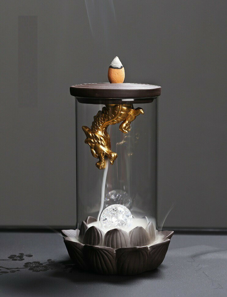 倒流香炉龍 滝型香炉 倒流香 逆流香 LEDライト付き 防風アクリルカバー付き 滝型香ホルダー 禅風 ホー..