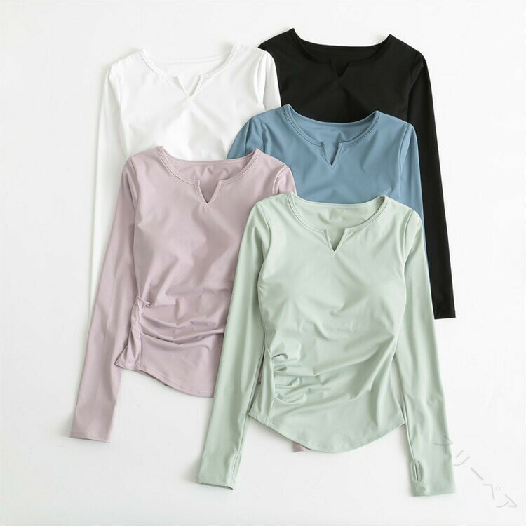 ヨガウェア ヨガ トップス 長袖 カップ付き ホットヨガ キーネック 指穴付き 暖かい 吸収速乾 冷房対策..