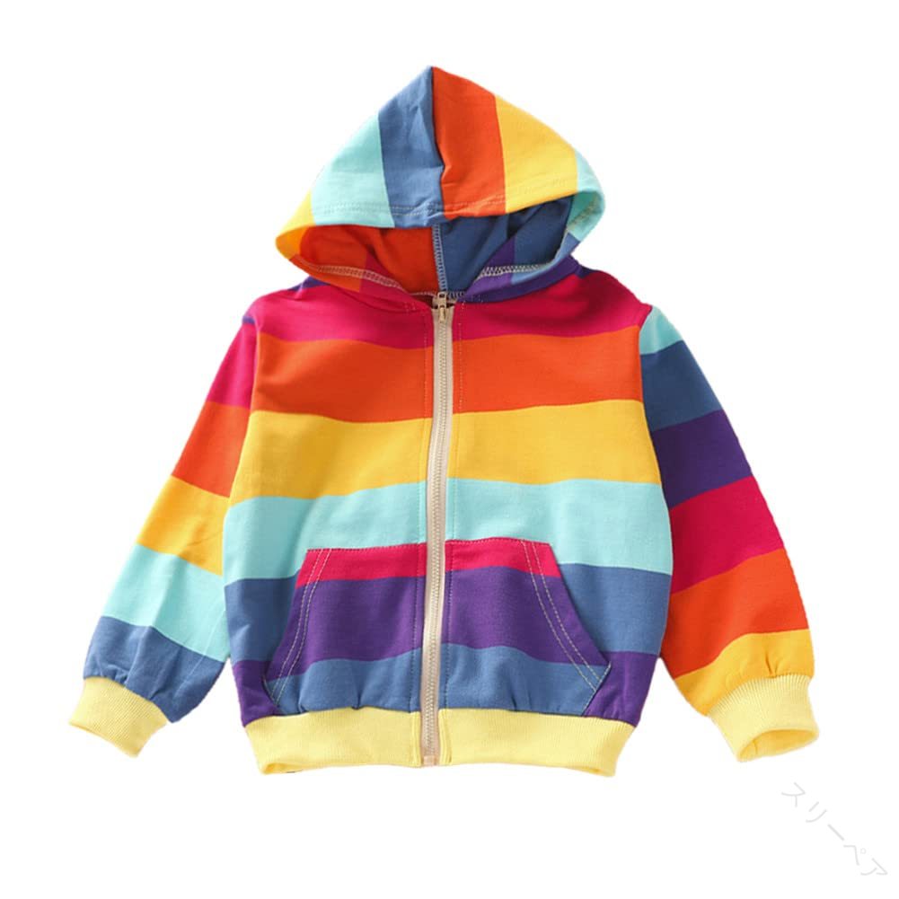 キッズ スウェット ジャケット 女の子用 レインボー柄 子供コート フード付き 防風 防寒 軽量ジャンパー アウターウェア ジュニア おしゃれで通園や通学に最適...