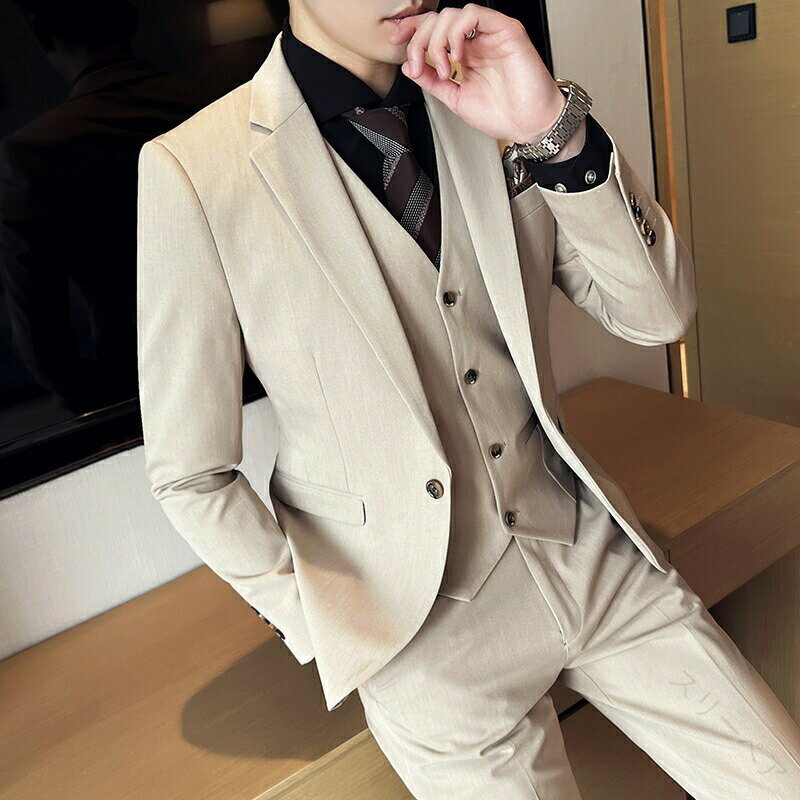 上下3点セット 3ピース スーツセット ビジネススーツ メンズ 無地 スリムスタイル セットアップ 高級感..