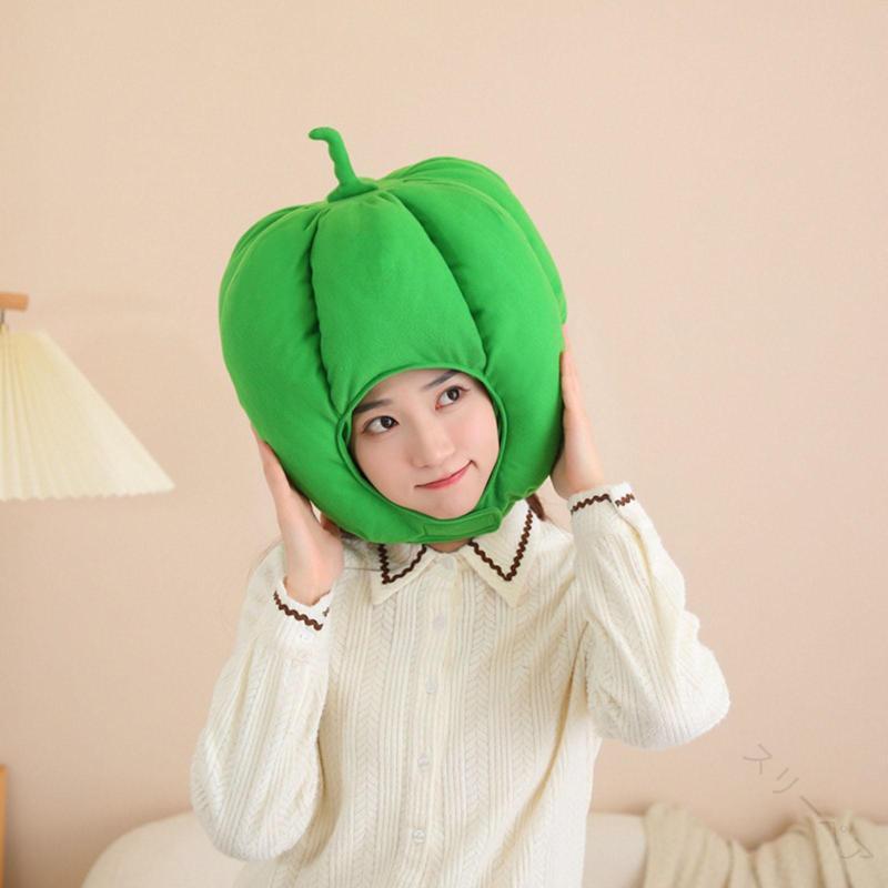ぬいぐるみ帽子 ハロウィンキャップ 暖かくて心地よい ピーマンデザイン 冬用帽子 お祝い フェスティバル ハロウィン用 ホリデーデコレーション かわいい被り物 コスチュームパーティー向け防寒アイテム