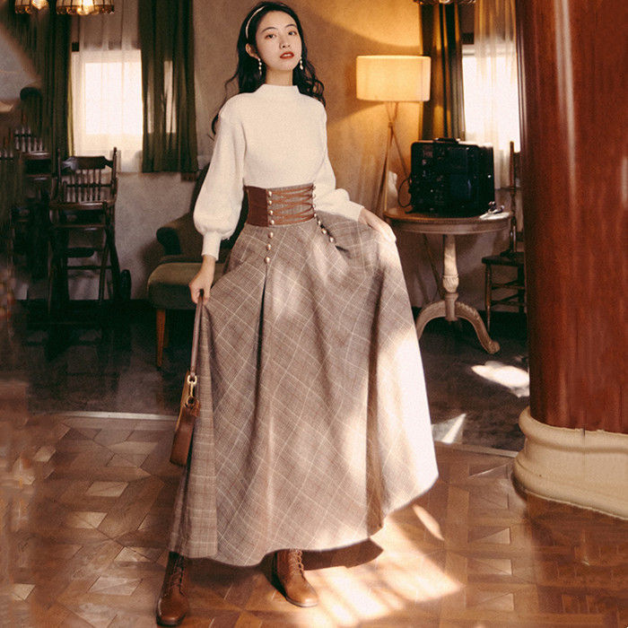 日系女子向け文芸テイストの着痩せ効果ある大人用マキシ丈ロングスカート長袖デザイン森ガールスタイル..