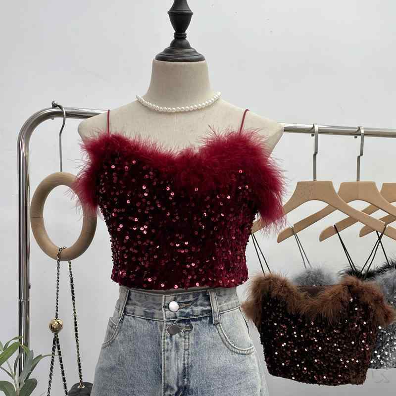 トップス レディース セクシー ファー スパンコール キラキラ キャミソール チューブトップ ベアトップ..