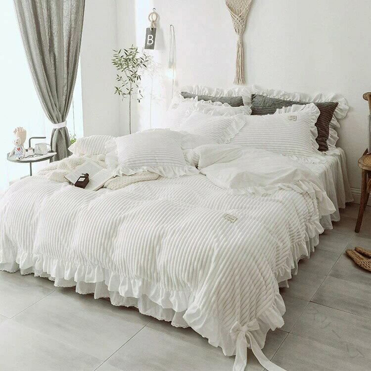 全5色 布団カバーセット 白 ホワイト フレア フリル リボン 可愛い 冬 寝具カバーセット 3点セット 4点..