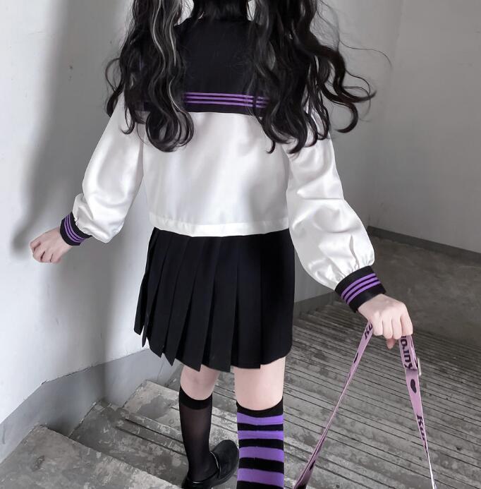 コスプレ衣装 セーラー服 上下3点セット 長袖 半袖 JK制服 ミニ丈スカート演出服 学生服 上下セット 紫 日系衣装 可愛い ゴシック ロリータ風 学園風 トップス＋カート 蝶リボン 中学生 高校生 スクール制服 クリスマス ハロウィン 衣装 S M L XL