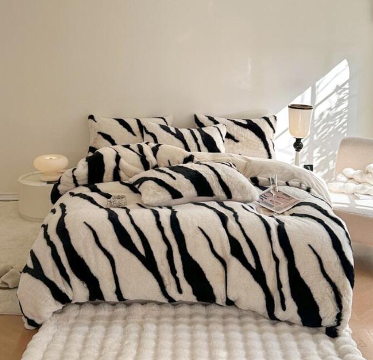 布団カバーセット 秋冬用 フランネル素材 ゼブラ柄 高級感あふれるフェイクファー 厚手で暖かい掛け布..