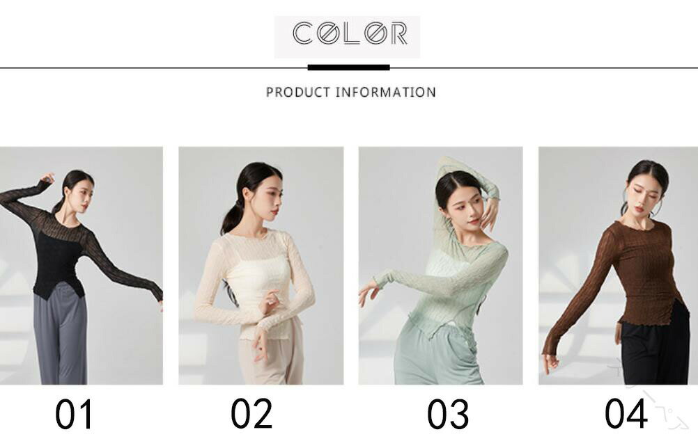 レディース古典ダンス衣装 長袖Tシャツ チュール素材 スリット入りブラウス 透け感あり 不規則な裾デザ..