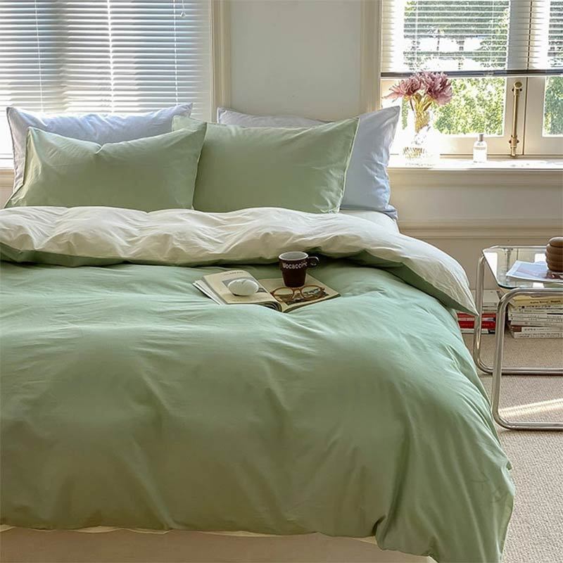 布団カバーセット グリーン イエロー 3点セット 4点セット 寝具カバーセット 無地 綿 ボックスシーツ ..