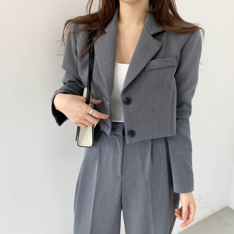 クロップドジャケット＆センタープレスパンツスーツ セットアップ レディース 春秋 上下セット ツーピ..