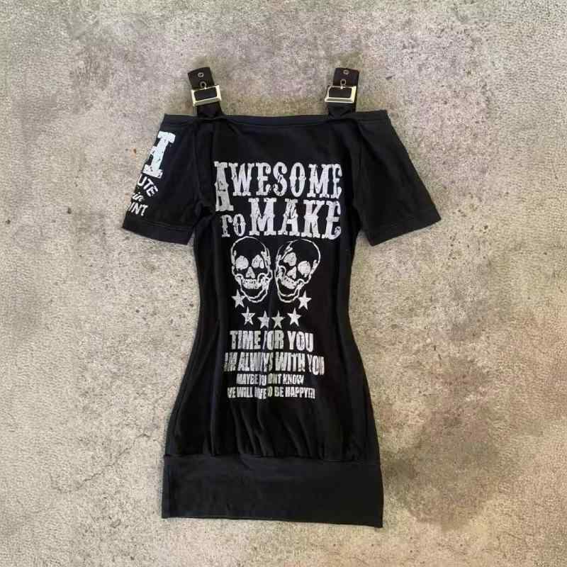 ワンピース レディース ゴシック Y2K 露肩 ドクロ柄 パッド入り 肩紐付き ポリエステル 包臀 ミディ丈 ..