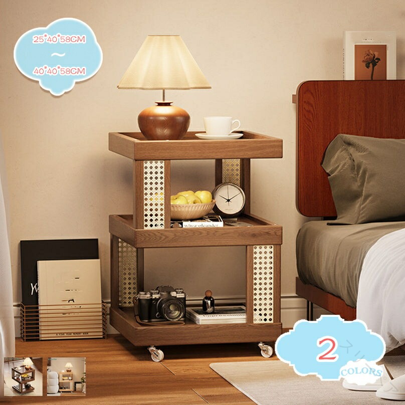 キャスター付き 籐製 ナイトテーブル 木製 おしゃれ レトロ ベッドサイドテーブル 収納棚 寝室 書斎 リ..