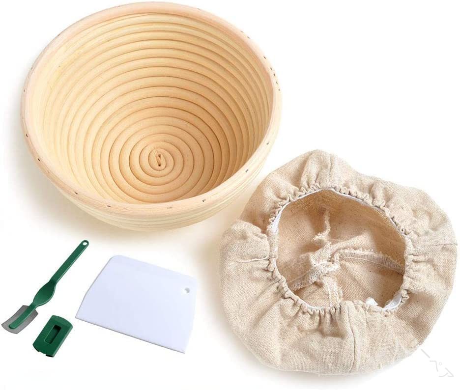 パン発酵カゴ丸型 天然籐製 バヌトン カンパーニュ作り用 洗える布ライナー付き パン作りの型 小道具 ..