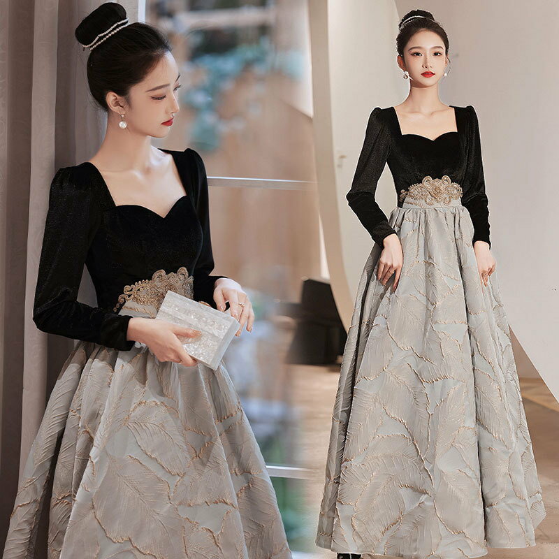 ロングドレス 黒 ベロア ベルベット エレガント 発表会ドレス 優雅 イブニングドレス 長袖 ブラック パ..