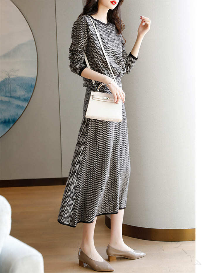 スカートセットアップ ニット ニットセットアップ レディース 春秋 長袖 ロング丈 ミモレ丈 ハイウエス..