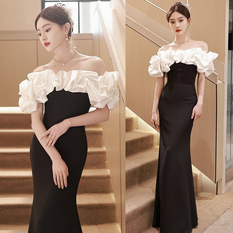 マーメイドドレス サテン素材で上品な二次会ドレス 可愛いタイトデザイン ブラック ロング ホワイト ピ..