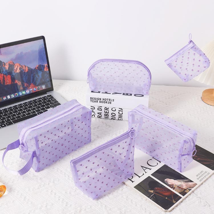 メイクポーチ ポーチ トラベルポーチ ハート柄 クリアポーチ メッシュポーチ 5点セット レディース 軽量 コンパクト 化粧ポーチ 透明感 出張用収納にも最適 メッシュ素材で通気性抜群