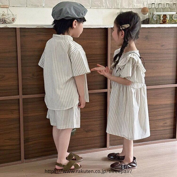 樂天商城 - クーポン利用可★兄妹お揃い 子供服 夏 セットアップ 縞柄 姉弟 リンクコーデ かわいい ワンピース シャツ ハーフパンツ ストライプ 上下セット ルームウェア キッズ 男女 おそろい 子供服 韓国風 カジュアルセット ビーチウエア 旅行用 おしゃれ 可愛い 姉妹 80 150