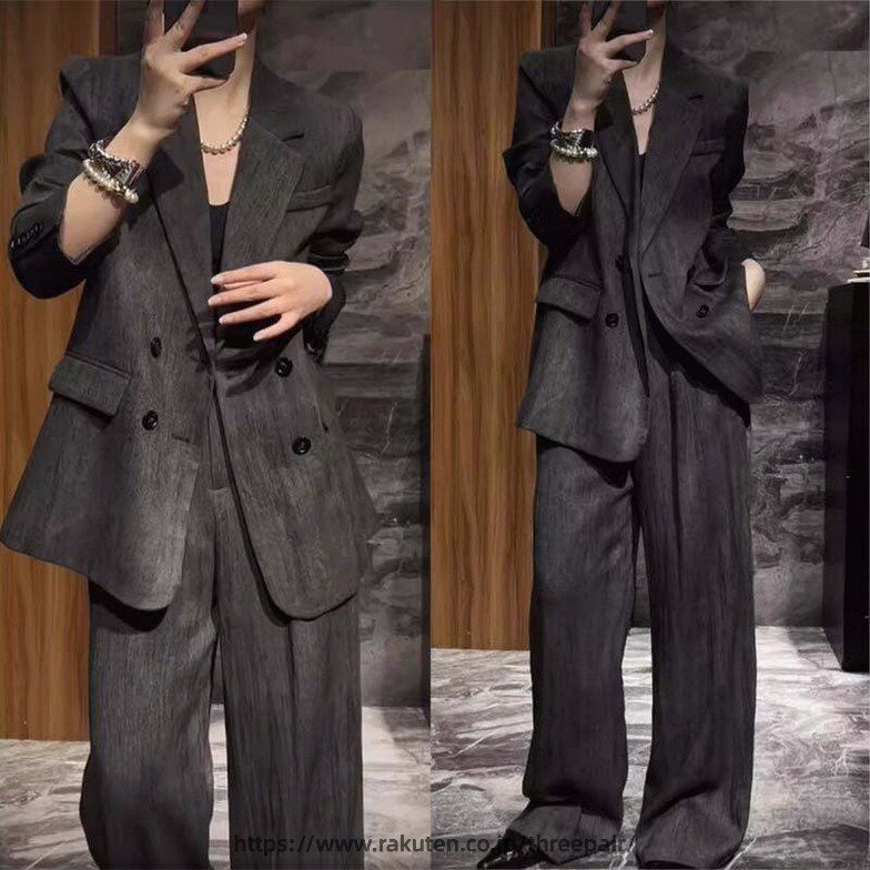 Rakuten - 大人サイズ ゆったりスーツ レディース パンツスーツ グレー ビジネス カジュアル オフィス 通勤 ママスーツ フォーマル 体型カバー 大きいサイズ プラスサイズ ワイドパンツ 長袖 セットアップ 2点セット ゆとりサイズ ジャケット ズボン ビックサイズ お仕事スーツ プレゼ