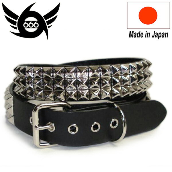 スタッズベルト ベルト（メンズ） 正規取扱店 666 Studded Gear 666スタッデッドギア 3連スモールピラミッドスタッズベルト ブラックxシルバー SOG0009