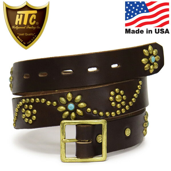 正規取扱店 HTC(Hollywood Trading Company) Belt #25 1.25 Turquoise with End 1.25インチ ベルト ダークブラウンレザーxブラススタッズxターコイズ