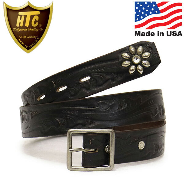 正規取扱店 HTC(Hollywood Trading Company) Belt EMB12 End Only Flower ST 1.25インチ ベルト ブラックレザーxシルバースタッズxクリアストーン