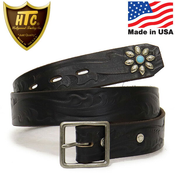 正規取扱店 HTC(Hollywood Trading Company) Belt EMB12 End Only Flower Turquoise 1.25インチ ベルト ブラックレザーxシルバースタッズxターコイズ