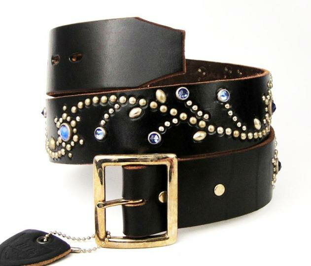 正規取扱店 HTC(Hollywood Trading Company) #585 Flower Silver Studs Belt(フラワーシルバースタッズベルト) ブラックレザーxライトブルーストーン