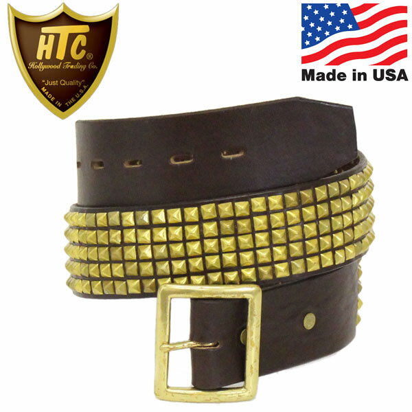 正規取扱店 HTC(Hollywood Trading Company) #14 5 row Pyramid Brass Studs Belt(5連ピラミッドゴールドスタッズベルト) ダークブラウンxブラススタッズ