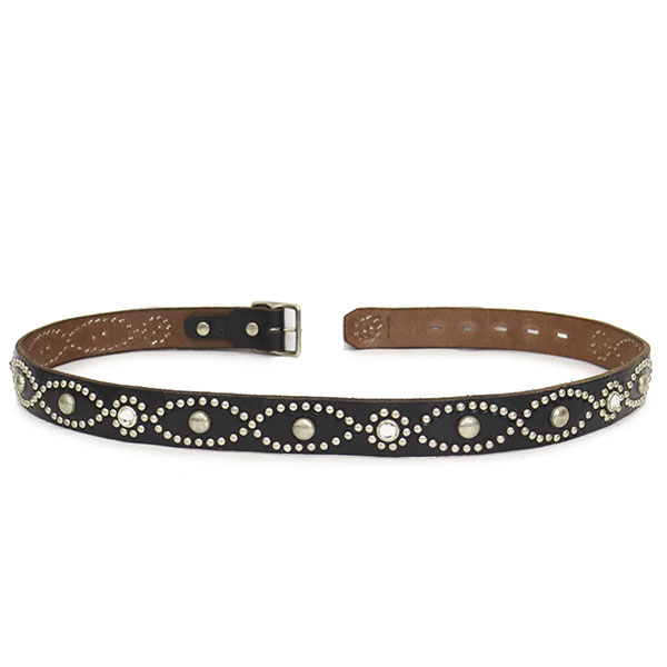 正規取扱店 HTC(Hollywood Trading Company) Belt #D-Style Studs Stone W/End 1.25 インチ ベルト ブラックレザーxシルバースタッズxクリアストーン