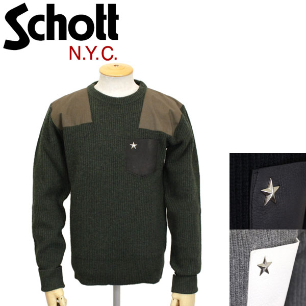 【楽天スーパーSALE】 正規取扱店 Schott ショット 3184009 LEATHER POCKET COMMAND SWEATER CREW NECK レザーポケットコマンドセーター クルーネック 全3色