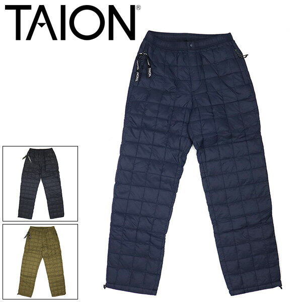 素材 表地：ナイロン100% 裏地：ナイロン100% ダウン95% フェザー5% サイズ S:ウエスト 72/90 わたり 35 股上 28 股下 76 総丈 104 M:ウエスト 76/94 わたり 36 股上 29 股下 76 総丈 105 L:ウエスト 80/98 わたり 37 股上 30 股下 78 総丈 108 XL:ウエスト 84/102 わたり 38 股上 31 股下 78 総丈 109 ※単位は「cm」です。 ※メーカー公式の採寸値を記載しております。 ※入荷時期によりマイナーチェンジの可能性がございます。 ※ご覧頂くWEB環境によりまして、色の見え方や色彩が実物と異なる可能性がございます。 予めご了承くださいませ。TAION(タイオン)正規取扱店メーカー希望小売価格はメーカー商品タグに基づいて掲載していますTAION(タイオン) TAIONは、2016 年日本発のインナーダウンに専業したブランドとして展開。 ブランド名の由来は、TAION=体温（潜在的な暖かさ、日本発のイメージ） クオリティーに対して圧倒的な コストパフォーマンスによる、価値の追求を スローガンとし、 高品質で高機能なインナーダウンを幅広く展開している。