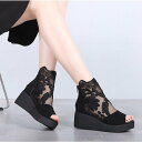 \200円OFFクーポン+P5倍/【楽天1位】即納 ブーツサンダル 厚底サンダル レディース レース 花柄 サンダル ヒール6.5cm ヒールサンダル オープン...