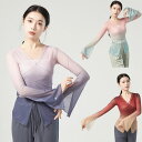 ダンス トップス ブラウス 長袖 グラデーション レッスン着 全3色 レディース古典ダンス衣装 モダンダンス 胸元クロス シースルー チュール 練習着 スリット...