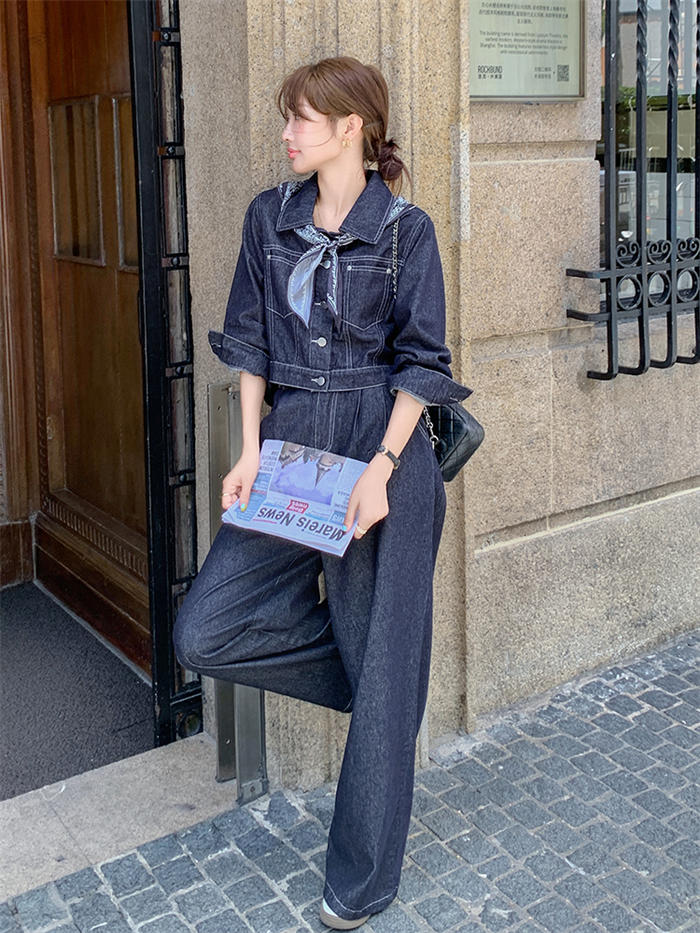 デニム セットアップ レディース パンツシーツ デニム スーツ パンツ セットアップ上下セット 2点セット デニム ジャケット デニム ワイドパンツ カジュアル ボトムス ゆったり 体型カバー 通勤 OL 長袖 カジュアル リラックス 大人 可愛い 春 秋 20代 30代 40代 50代
