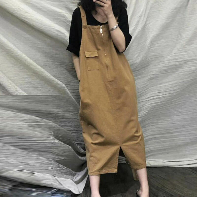 ジャンパースカート レディース ロングワンピース ジャンスカ ワンピース ロング丈 ミモレ丈 スリット ワンピース サロペット ノースリーブ サロペットスカート ゆったり 春夏 夏 袖なし 春 レイヤード風 大人 無地 ポケット付き 体型カバー ファスナー 大人可愛い
