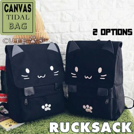 全店2点5%OFF【送料無料】レディース 白 黒 デニム キャンバス PU フラップ 刺繍 ネコ 猫ちゃん リュクサック りゅっく バックパック 大容量 リュック