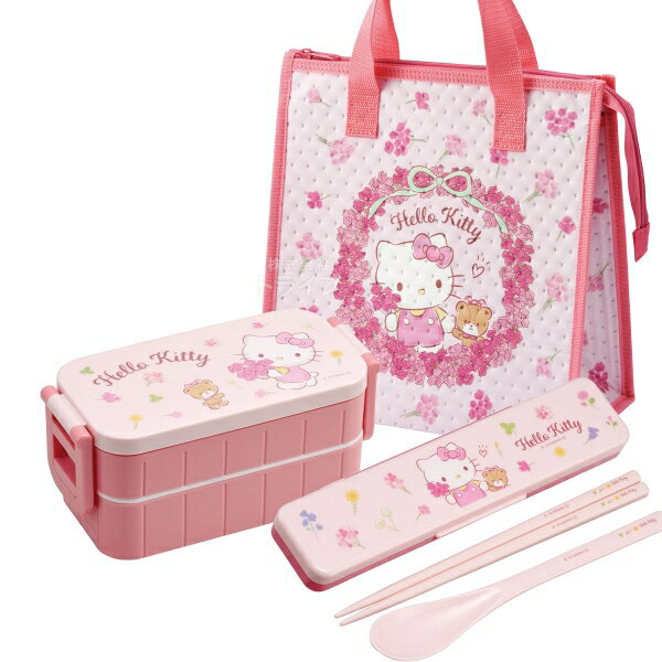 ハローキティ フラワーリース 抗菌 箸付お弁当箱 2段 コンビ 不織布 保冷バッグ セット