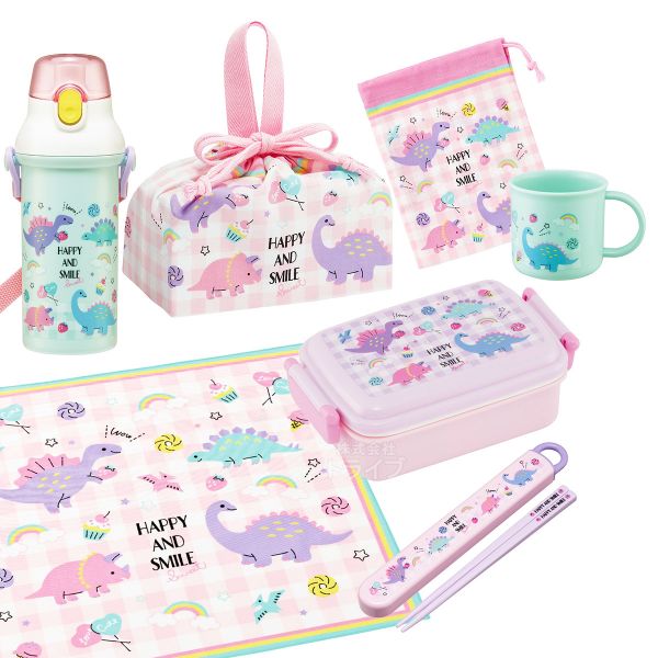 ハッピー＆スマイル お買得7点セット 抗菌 角型お弁当箱 450ml 箸＆箸箱 巾着 ランチクロス コップ コップ袋 プラ水筒