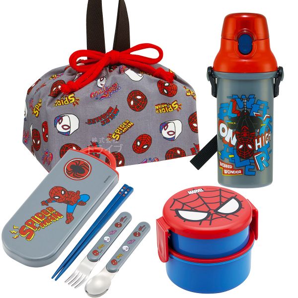 Lunch Boxes - スパイダーマン POP COMICS お買得4点セット 丸型ランチボックス2段 フォーク付 トリオ 巾着 プラ水筒