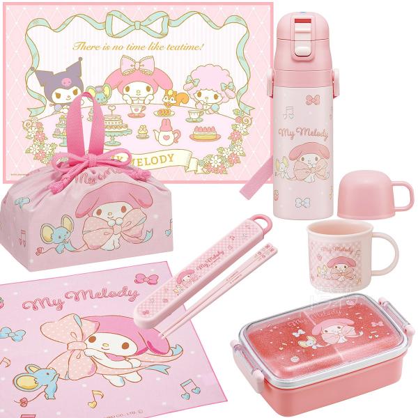 Lunch Boxes - マイメロディ ビッグリボン お買得7点セット 抗菌 お弁当箱 角型 450ml 箸＆箸箱 コップ 2WAY水筒 巾着 レジャーシート ランチクロス