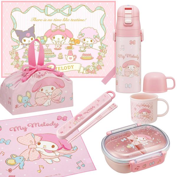 Rakuten - マイメロディ ビッグリボン お買得7点セット 抗菌 お弁当箱 中子付 360ml 箸＆箸箱 コップ 2WAY水筒 巾着 レジャーシート ランチクロス