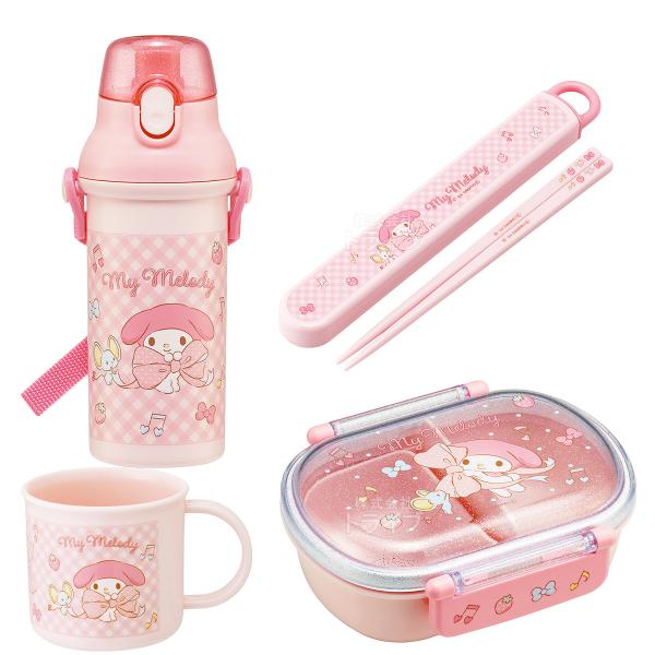マイメロディ ビッグリボン お買得4点セット 抗菌 お弁当箱 中子付 360ml 箸＆箸箱 コップ プラ水筒